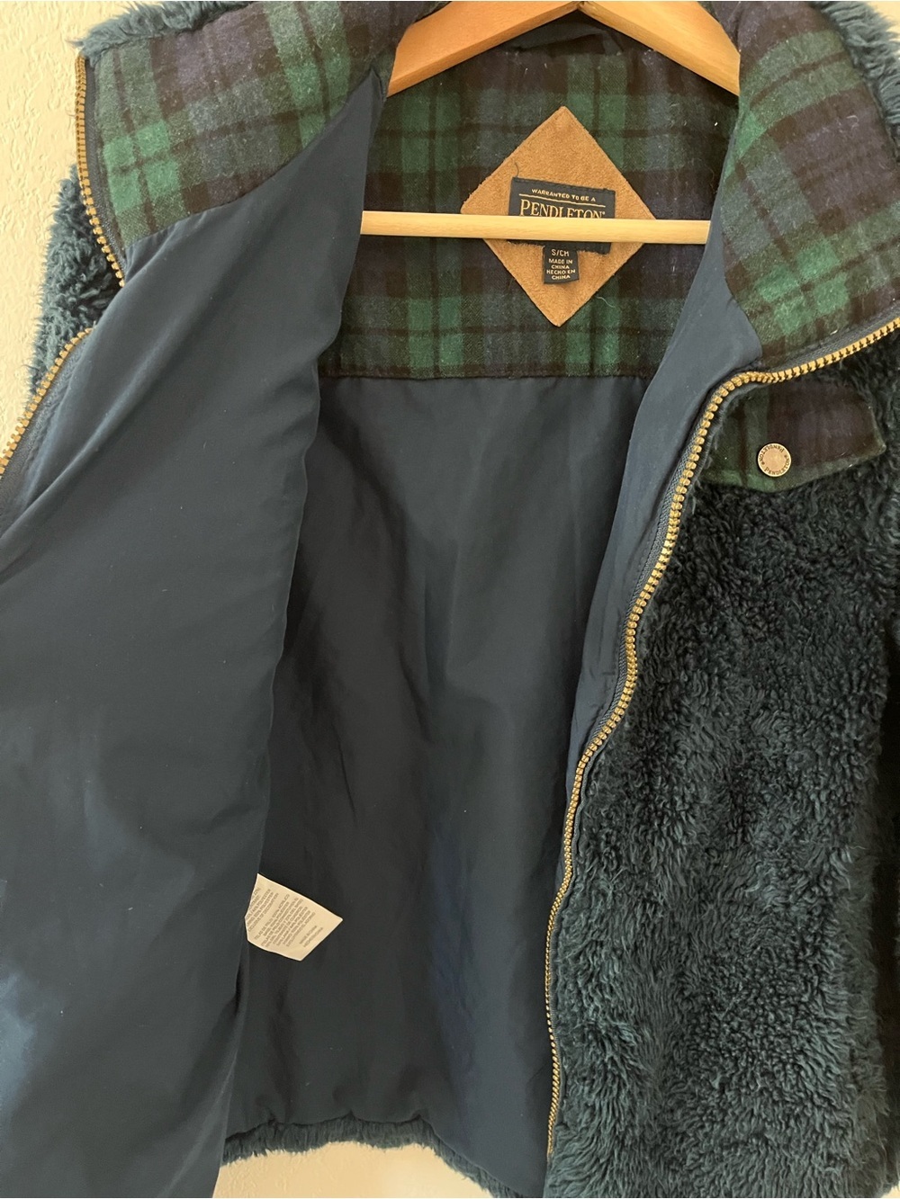 Pendleton Women Small Sherpa Coat Jacket Fleece Wool Plaid Blue Green - Picture 5 of 9